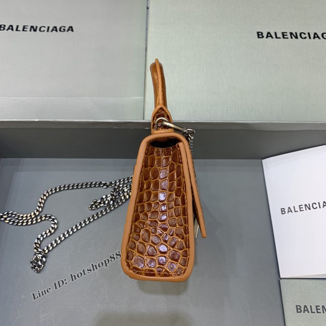 Balenciaga專櫃爆款手提女包 巴黎世家鱷魚紋牛皮焦糖色mini Hourglass沙漏包 fyj1017